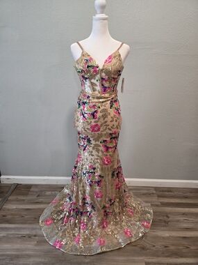 Gold Floral Sequin Mermaid Prom Dress with Pink Accents